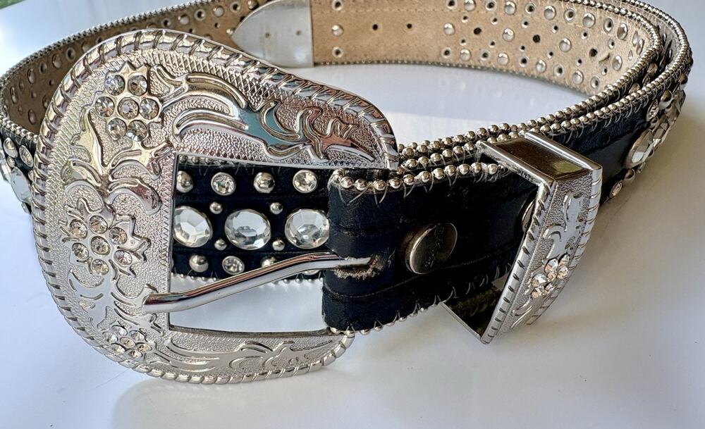 Y2K Western Belt Black Leather Rhinestone Ornate Buckle Studded Womens Large BHW
